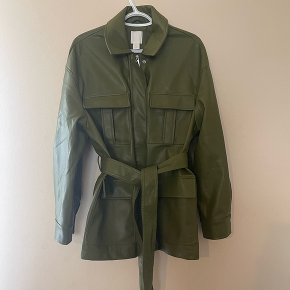 H&M Jackets & Blazers - H&M FAUX LEATHER OLIVE GREEN BELTED JACKET
